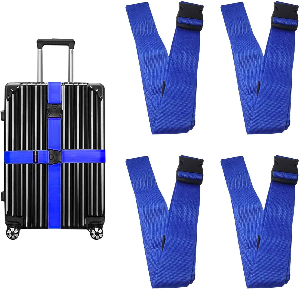 4 Pack Blue Luggage Straps, Adjustable Travel Belt for Suitcases, Secure Buckle Suitcase Accessories