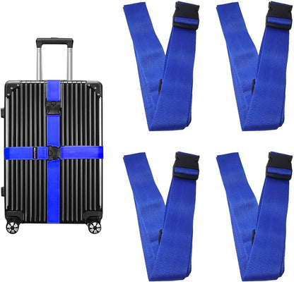 4 Pack Blue Luggage Straps, Adjustable Travel Belt for Suitcases, Secure Buckle Suitcase Accessories