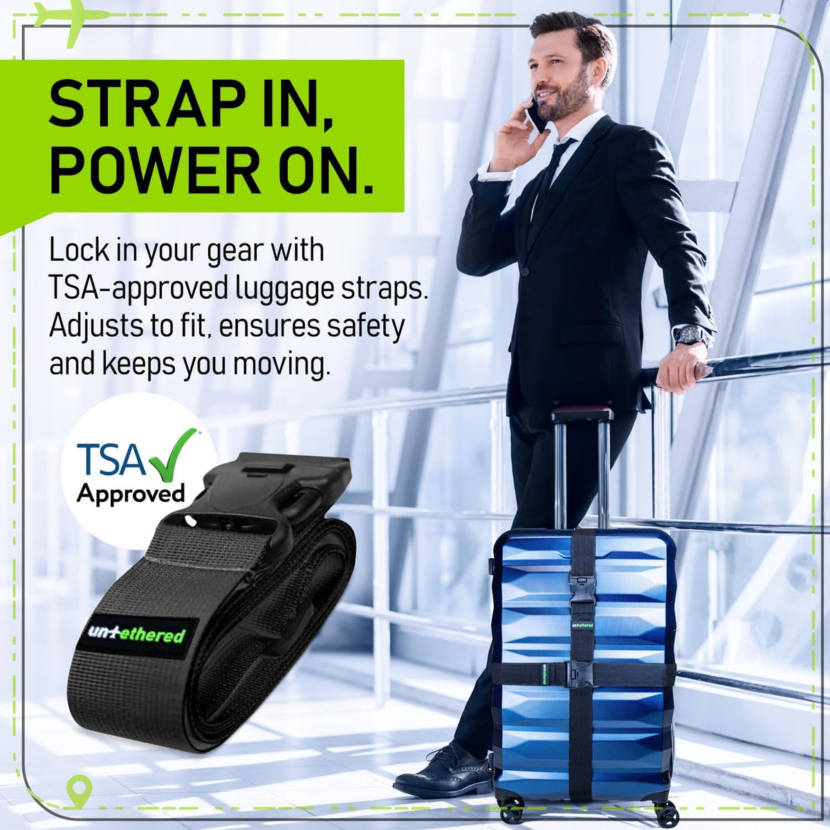 Untethered Luggage Straps for Suitcases, TSA Approved, 4-Pack, Black