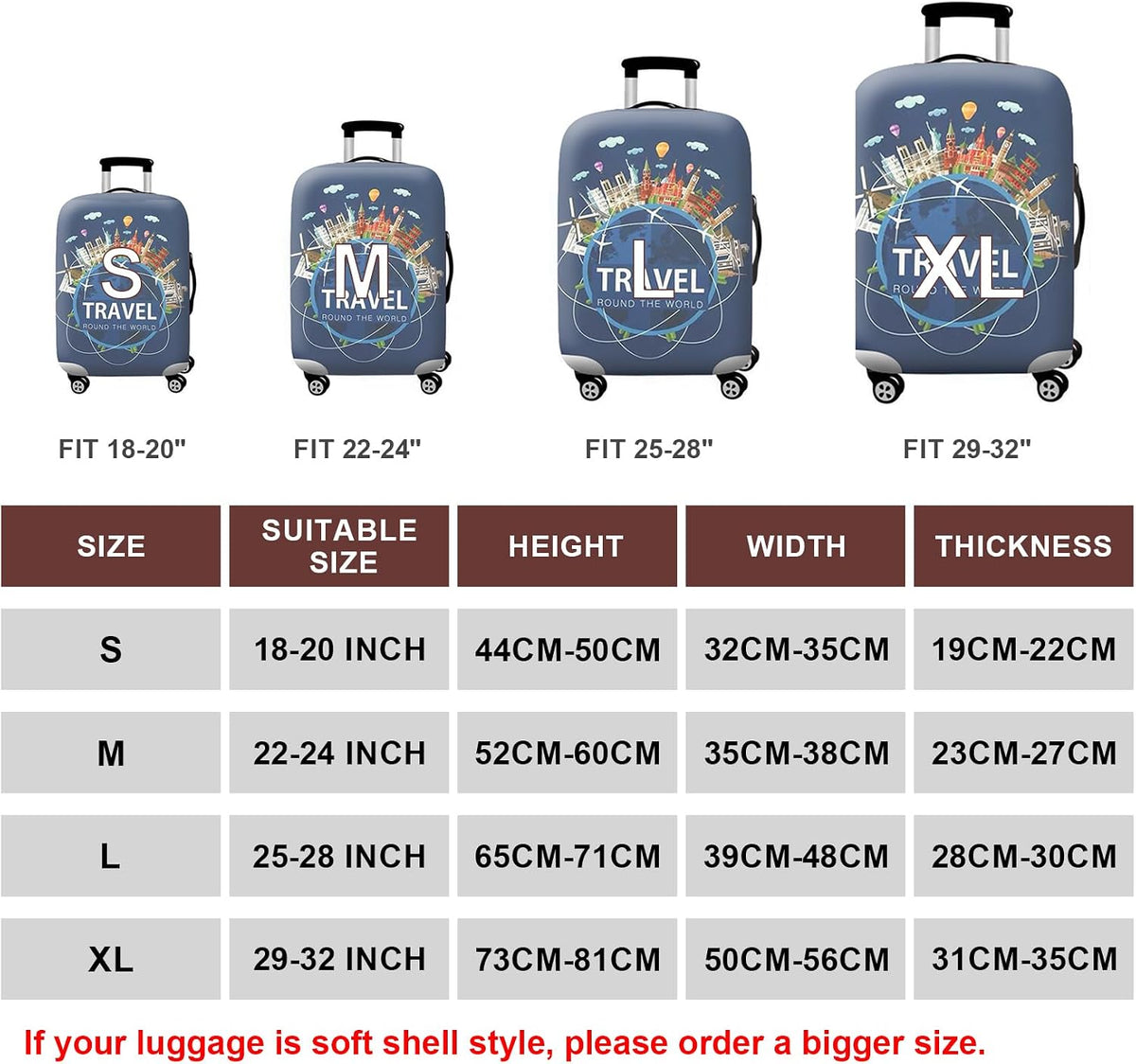WUJIAONIAO Travel Luggage Cover Suitcase Cover Protector Skins 18-32 Inch