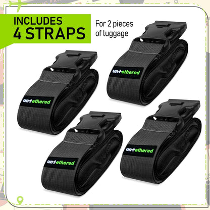 Untethered Luggage Straps for Suitcases, TSA Approved, 4-Pack, Black