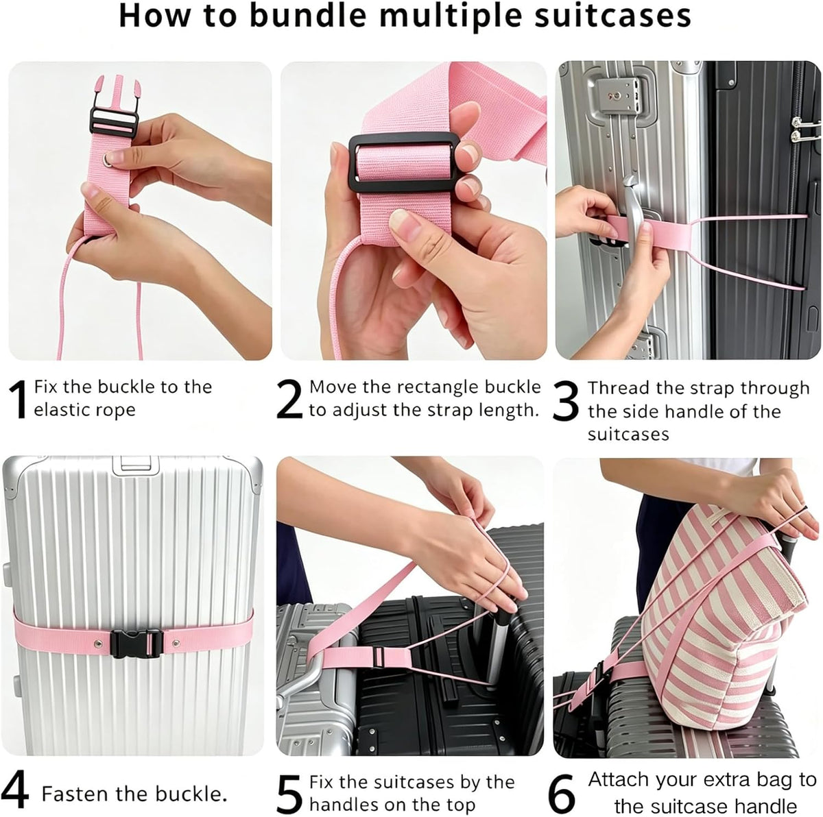 Luggage Straps 3 PCS for Suitcases 2 Short & 1 Long Adjustable Straps with Elastic Thick Rope for Connecting Suitcases and Bags Stably with a Strap Buckle and a Bottle Clip, Pink