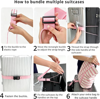 Luggage Straps 3 PCS for Suitcases 2 Short & 1 Long Adjustable Straps with Elastic Thick Rope for Connecting Suitcases and Bags Stably with a Strap Buckle and a Bottle Clip, Pink