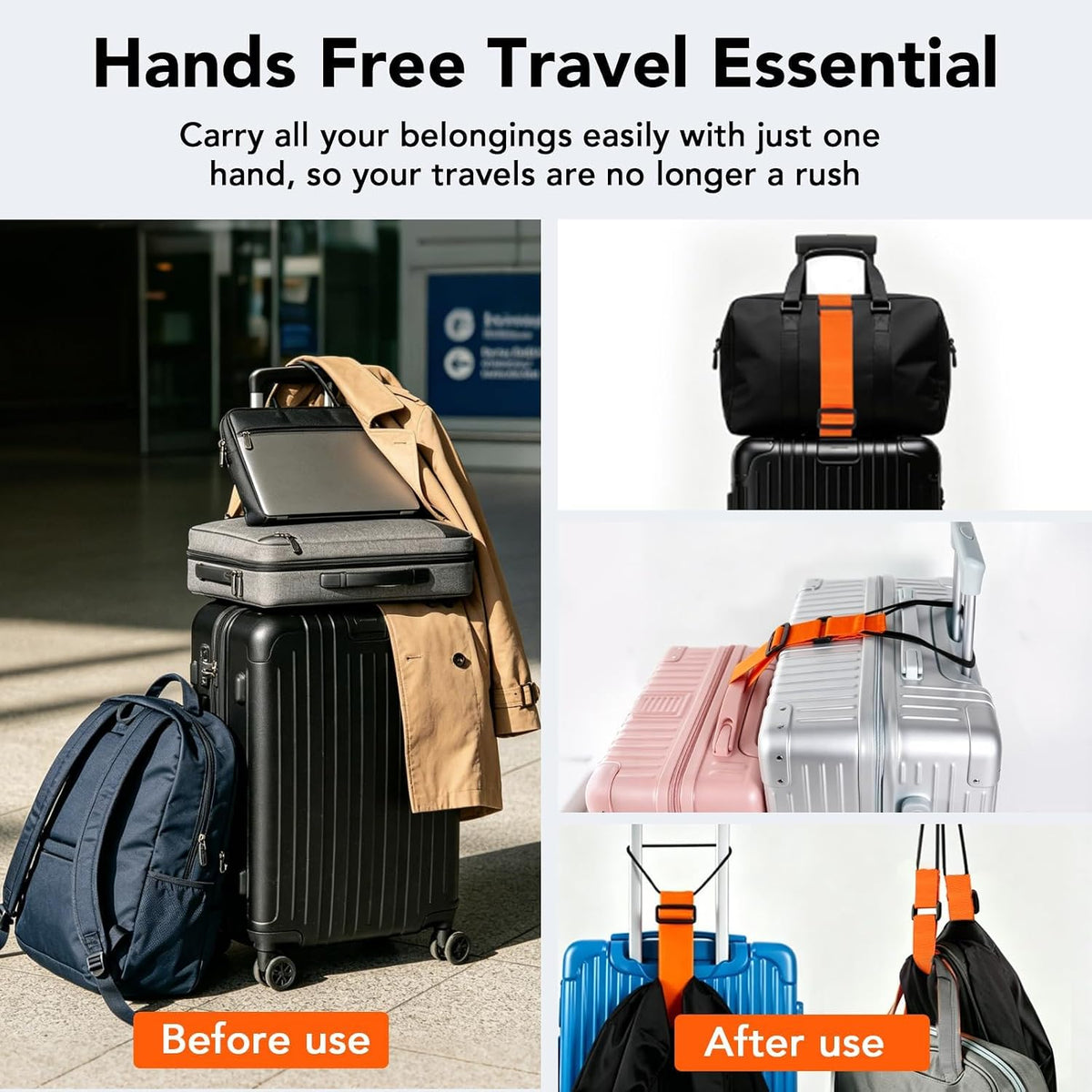 Luggage Connector Straps, Adjustable Elastic Durable Straps for Connecting Luggage Bags to Suitcases, Hands-Free Travel Essential (4PCS Black)