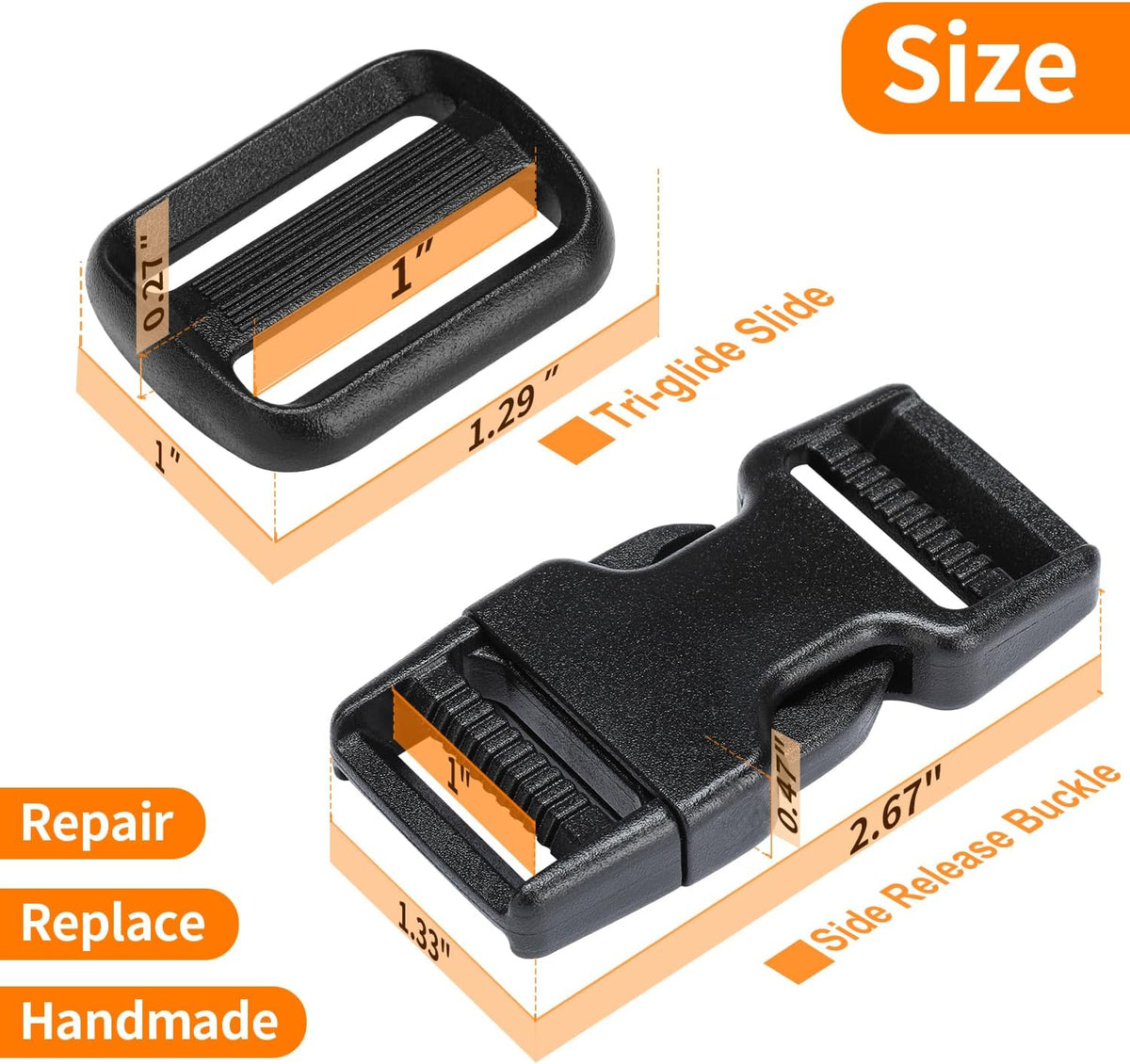 BEYOURD Buckles and Straps Set 1": 6 Yards of Thick Nylon Webbing, 6-Pack Heavy Duty Adjustable Quick Side Release Plastic Buckles, 12 Tri-Glide Slide Clips, Black (1-Inch Combo Set)