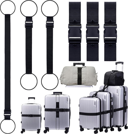 Luggage Straps 3 PCS, Multifunctional Adjustable Luggage Connector Straps with 3 Detachable Buckles, 2 Short & 1 Long Elastic Straps for Connecting, Securing & Protecting Suitcases, Black