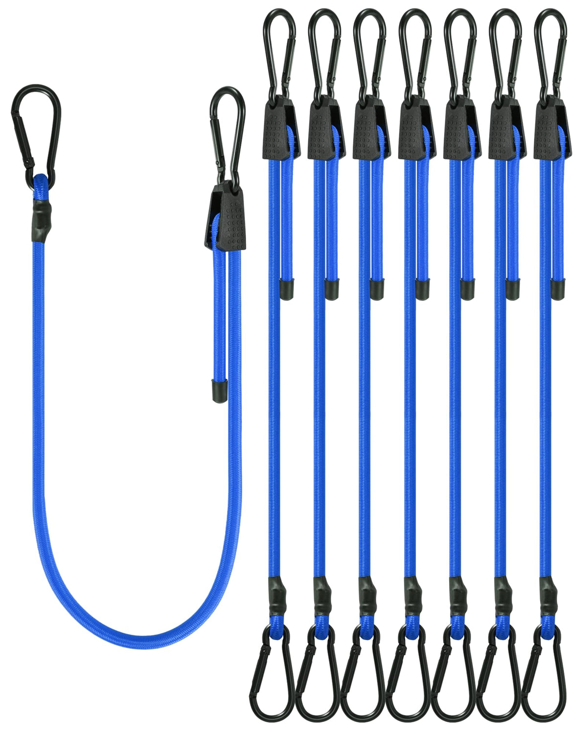 Lucky Straps 48" Black Adjustable Carabiner Bungee Cords with Hooks, 8 Pack
