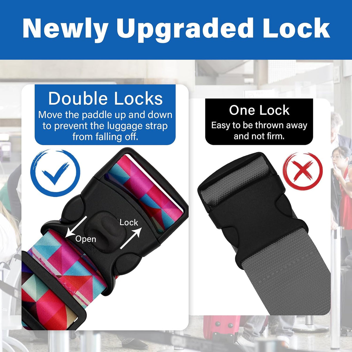 2 Pack Luggage Straps for Suitcases, Adjustable Travel Belt with Double Lock and Quick Release Buckle, Heavy Duty Nylon Bag Packing Strap, Bright Identifiers Business Travel Accessories-Colorful Block