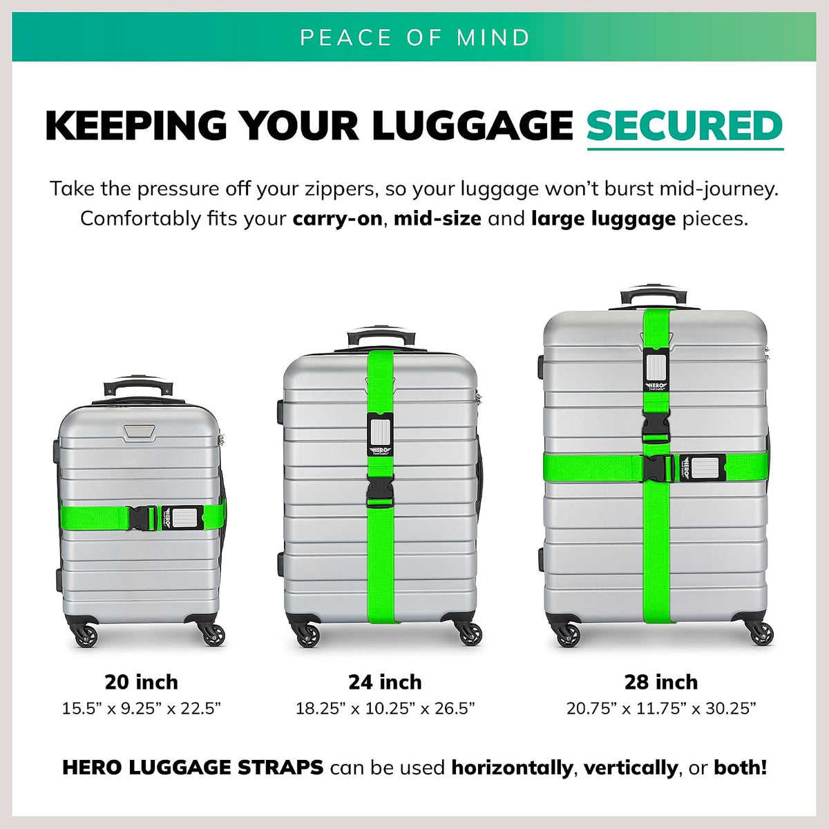Hero Luggage Straps for Suitcases (2-Pack) Heavy-Duty Adjustable Luggage Belt with Duraflex Buckle & Built-in Luggage Tag – Checked Bag & Carry-on Travel Essentials