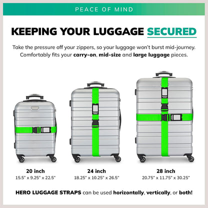 Hero Luggage Straps for Suitcases (2-Pack) Heavy-Duty Adjustable Luggage Belt with Duraflex Buckle & Built-in Luggage Tag – Checked Bag & Carry-on Travel Essentials