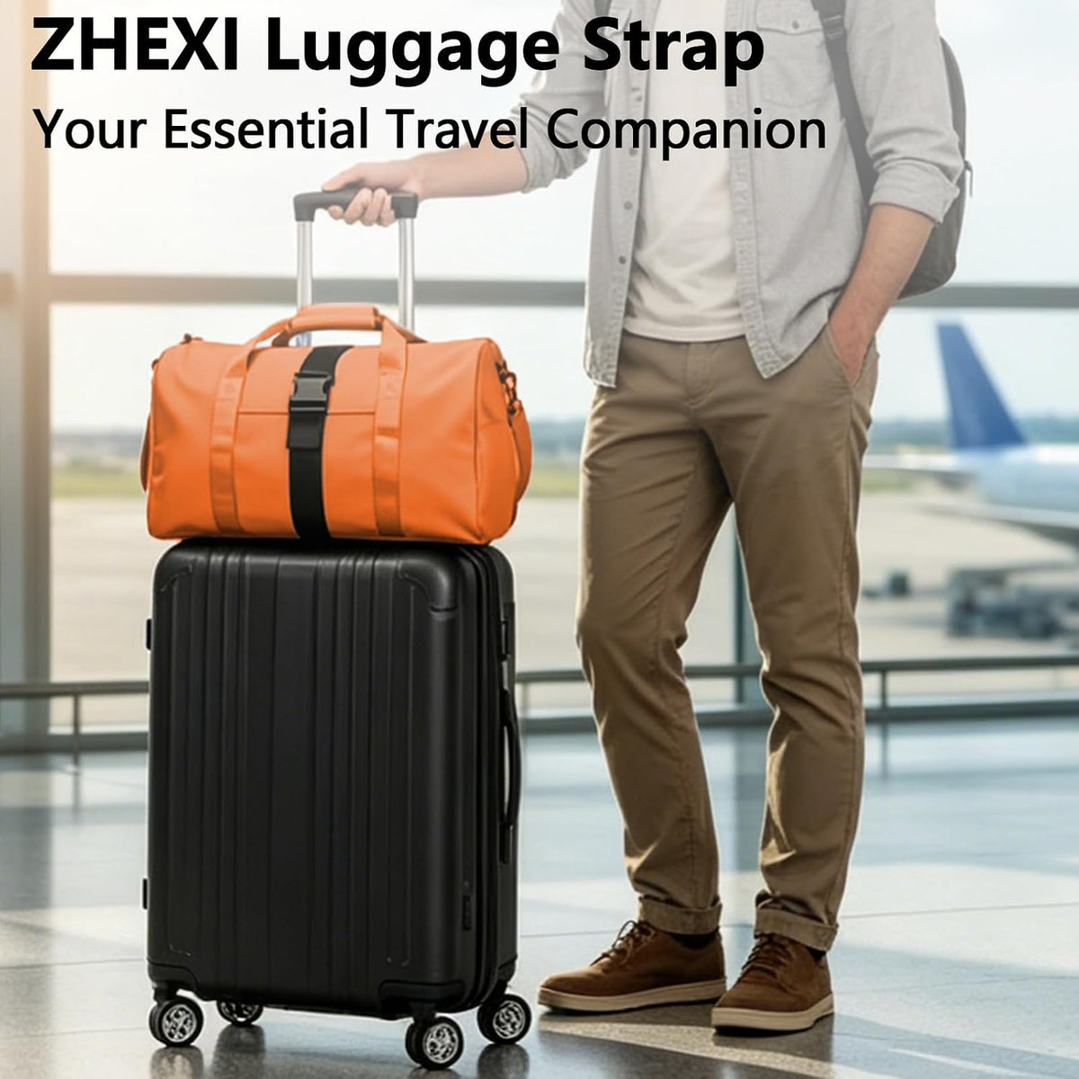 ZHEXI Luggage Straps for Suitcases, Connect Two Packages for Travel（Black）