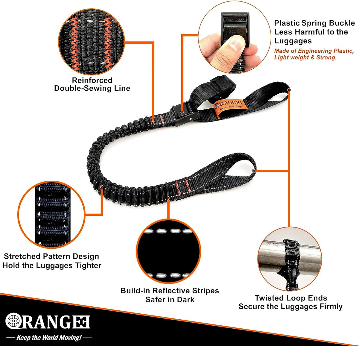 ORANGEE® 4 Pack Motorcycle & Bike Luggage Straps 20" - 55" Adjustable Stretch Tie Down Strap for Motorcycle, Bike, ATV Rack - Black