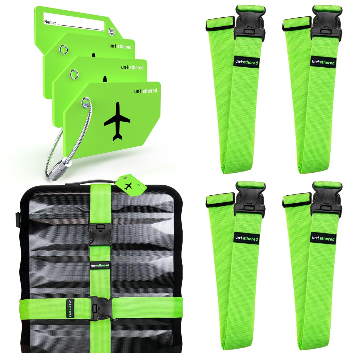 Untethered Luggage Straps for Suitcases, TSA Approved, 4-Pack, Black