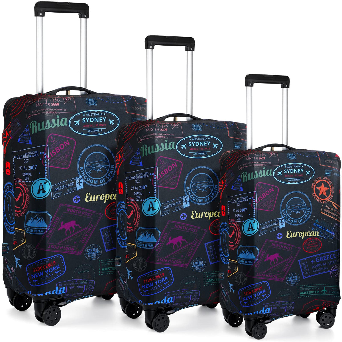 Sherr 3 Pieces Travel Luggage Cover, S/medium/L, Travel Theme, Green
