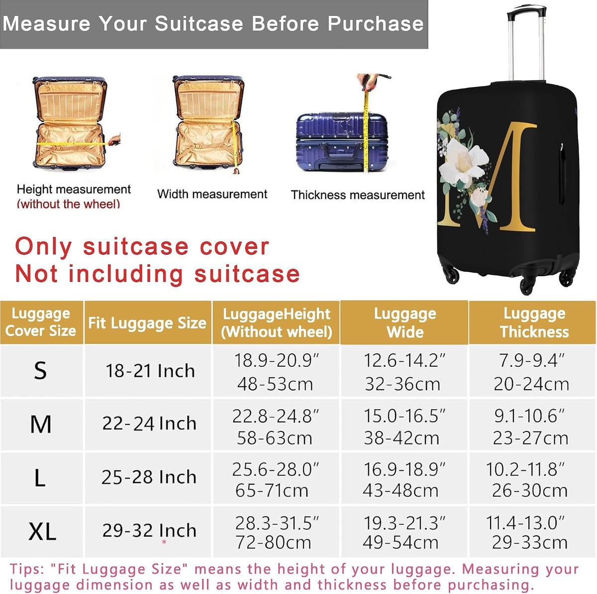 Flower Lette M Black Luggage Cover Elastic Washable Stretch Suitcase Protector Travel Suitcase Cover for Kid and Adult XL (29-32 inch suitcase)