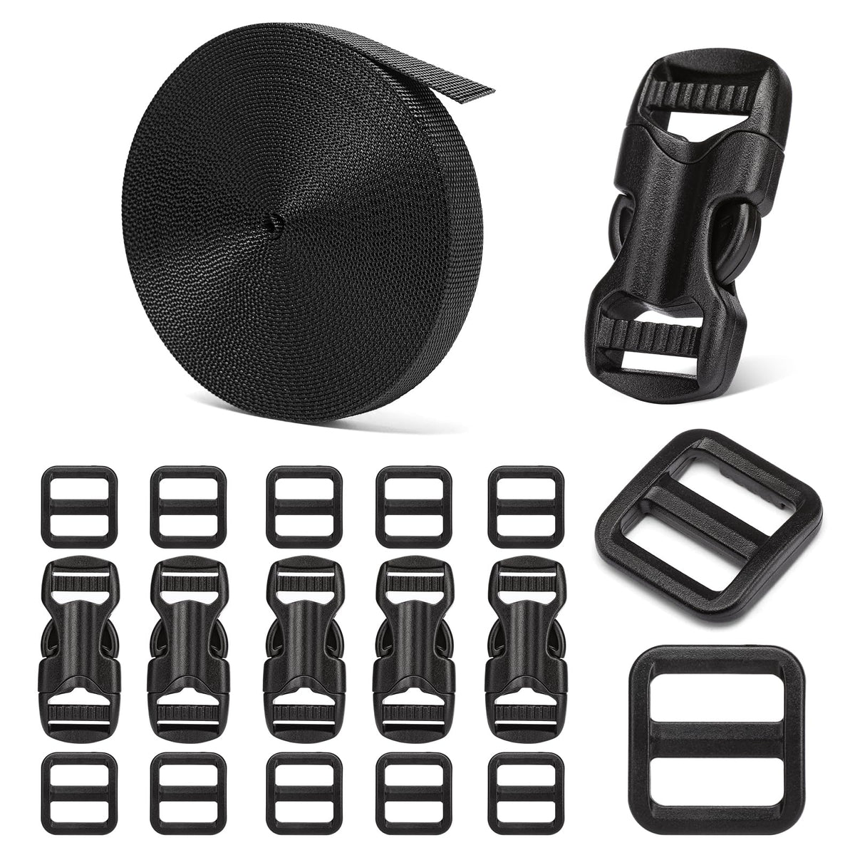 BEYOURD Buckles and Straps Set 1": 6 Yards of Thick Nylon Webbing, 6-Pack Heavy Duty Adjustable Quick Side Release Plastic Buckles, 12 Tri-Glide Slide Clips, Black (1-Inch Combo Set)