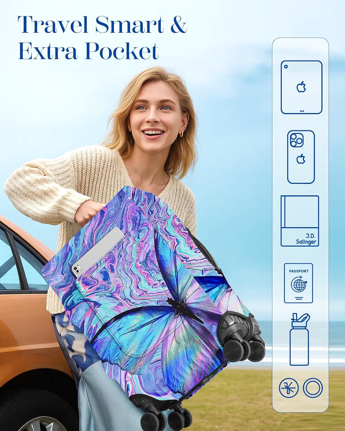 Slohif Luggage Cover for Suitcase Tsa Approved Protector - Butterfly Luggage Sleeve Large Suit Case Cover Travel Stretch Baggage Case Protective Washable Fit 21-23 Inch