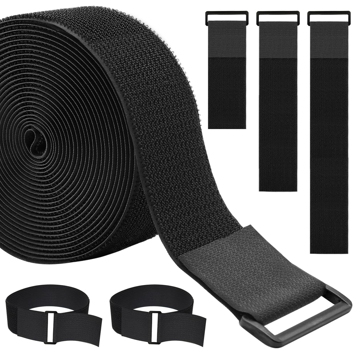 1.5In x 16Ft Cinch Straps Heavy Duty With 20 Buckles, Black Nylon Hook and Loop Straps, Reusable Long Cable Ties for Organizer or Storage
