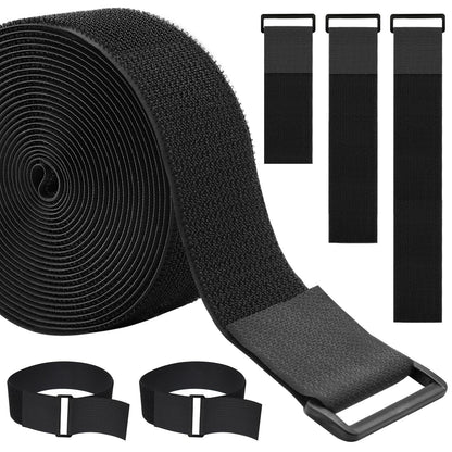 1.5In x 16Ft Cinch Straps Heavy Duty With 20 Buckles, Black Nylon Hook and Loop Straps, Reusable Long Cable Ties for Organizer or Storage
