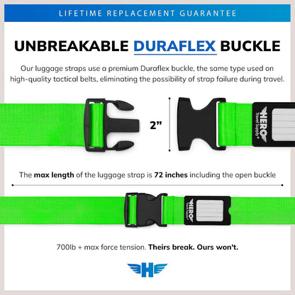 Hero Luggage Straps for Suitcases (2-Pack) Heavy-Duty Adjustable Luggage Belt with Duraflex Buckle & Built-in Luggage Tag – Checked Bag & Carry-on Travel Essentials