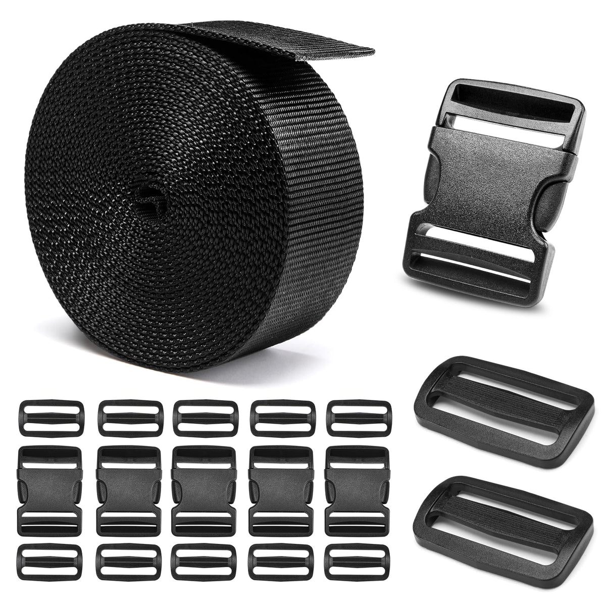 BEYOURD Buckles and Straps Set 1": 6 Yards of Thick Nylon Webbing, 6-Pack Heavy Duty Adjustable Quick Side Release Plastic Buckles, 12 Tri-Glide Slide Clips, Black (1-Inch Combo Set)
