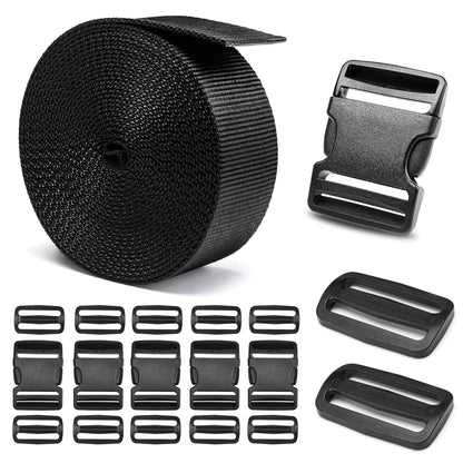 BEYOURD Buckles and Straps Set 1": 6 Yards of Thick Nylon Webbing, 6-Pack Heavy Duty Adjustable Quick Side Release Plastic Buckles, 12 Tri-Glide Slide Clips, Black (1-Inch Combo Set)