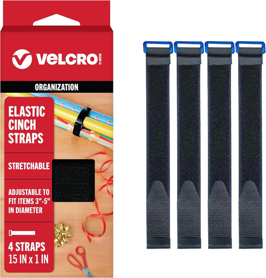 VELCRO Brand Elastic Cinch Straps with Buckle, 15in x 1in, Black, 4 Pack