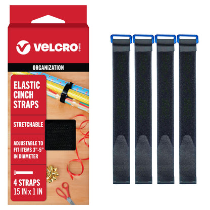 VELCRO Brand Elastic Cinch Straps with Buckle, 30in x 1in, Black, 4 Pack
