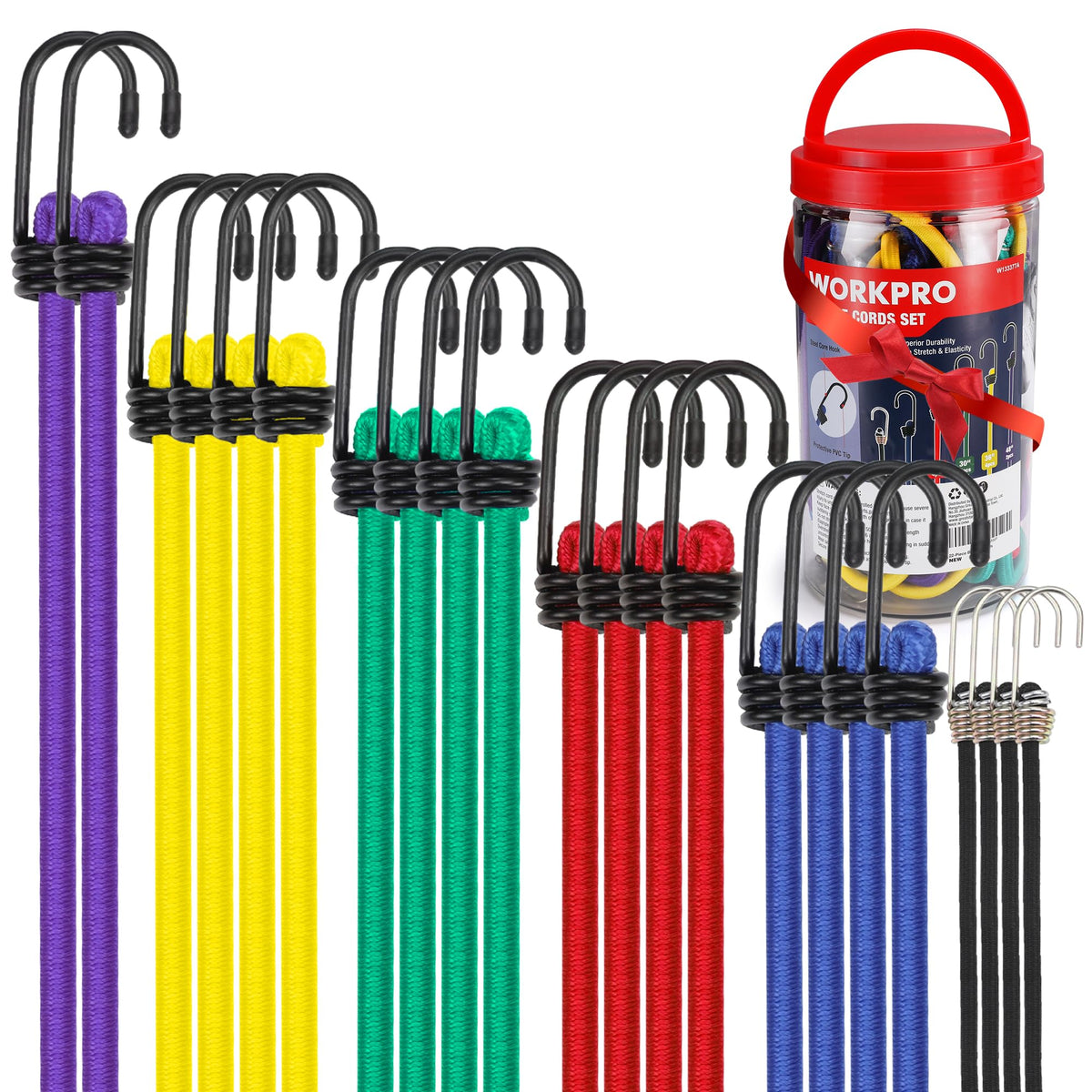 WORKPRO 24" Bungee Cords with Hooks, 4 Pack Heavy Duty Outdoor Bungee Strap
