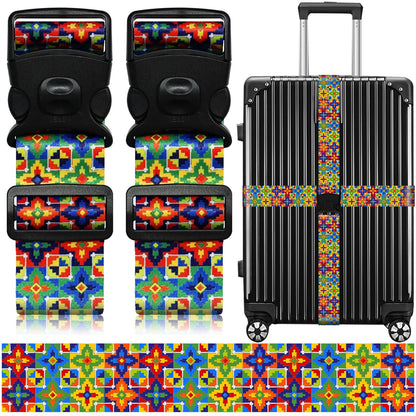 2 Pack Luggage Straps for Suitcases, Adjustable Travel Belt with Double Lock and Quick Release Buckle, Heavy Duty Nylon Bag Packing Strap, Bright Identifiers Business Travel Accessories-Colorful Block
