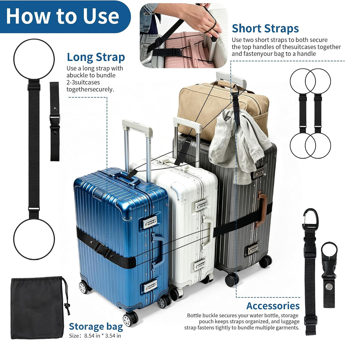 Luggage Straps for Suitcases, 7 Pcs Nylon Extra Long Add A Bag Strap
