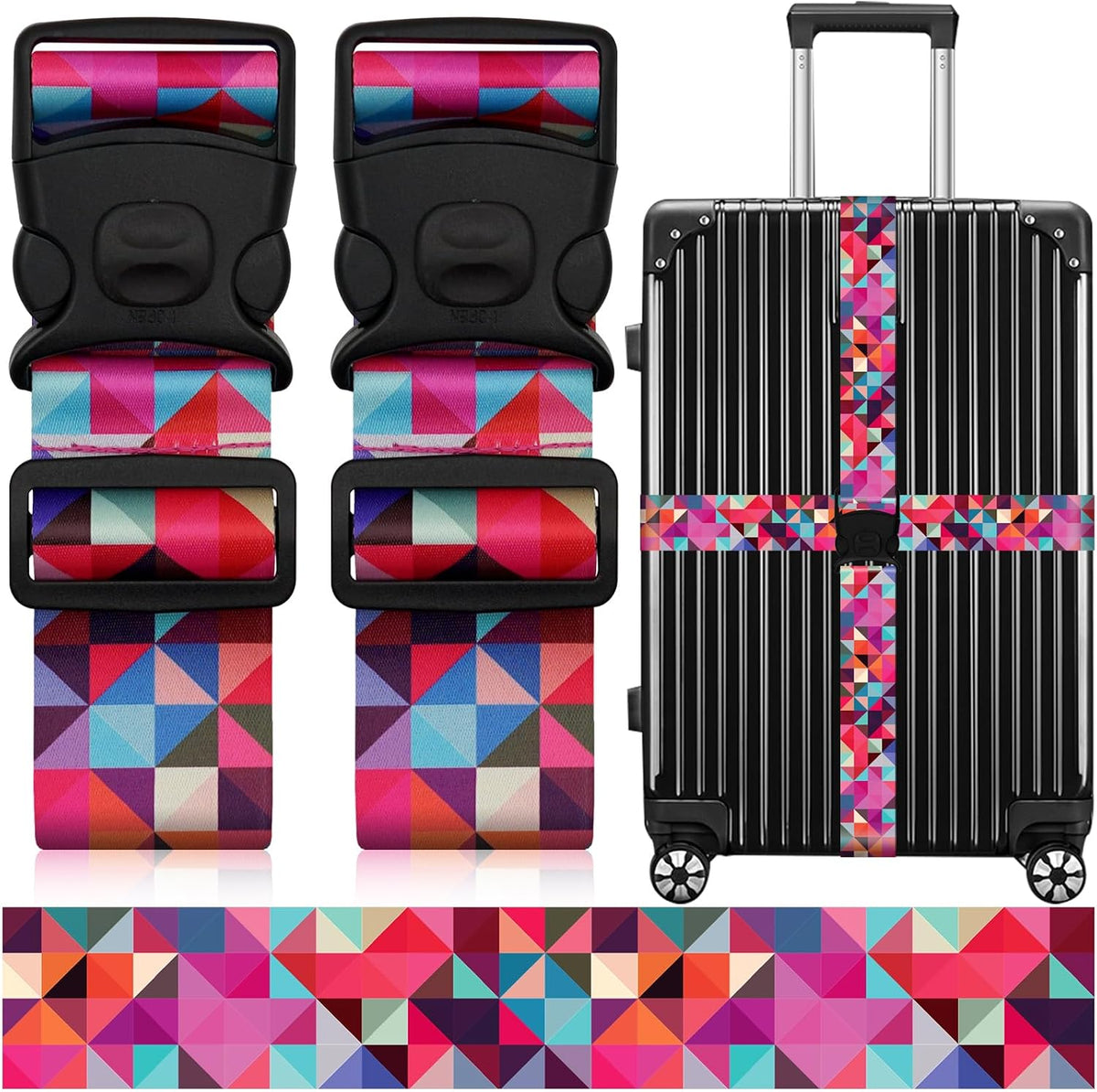 2 Pack Luggage Straps for Suitcases, Adjustable Travel Belt with Double Lock and Quick Release Buckle, Heavy Duty Nylon Bag Packing Strap, Bright Identifiers Business Travel Accessories-Colorful Block