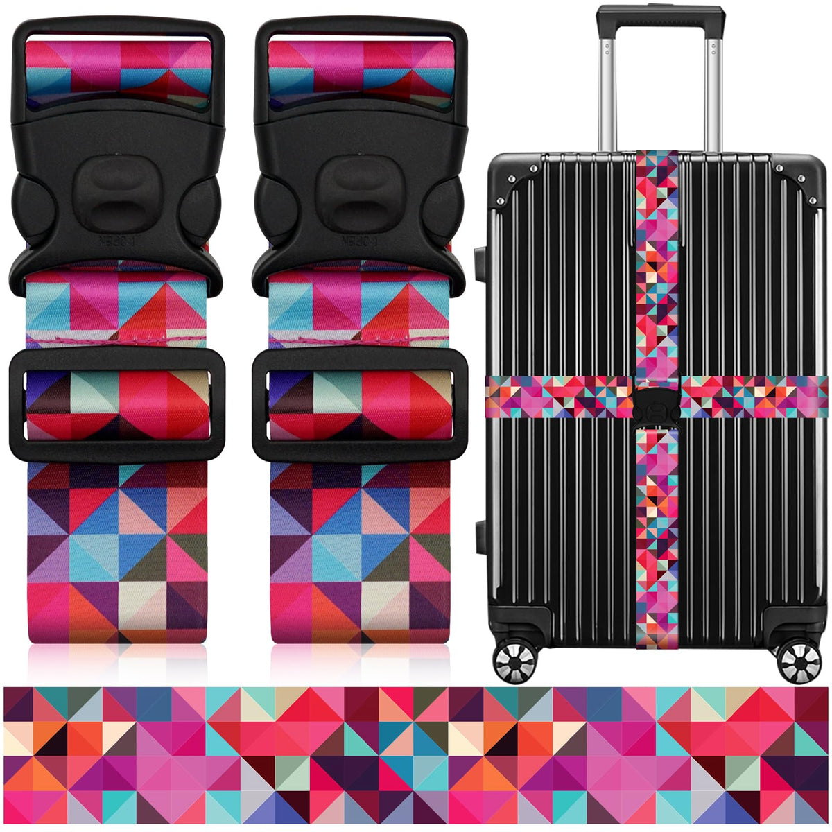 2 Pack Luggage Straps for Suitcases, Adjustable Travel Belt with Double Lock and Quick Release Buckle, Heavy Duty Nylon Bag Packing Strap, Bright Identifiers Business Travel Accessories-Colorful Block