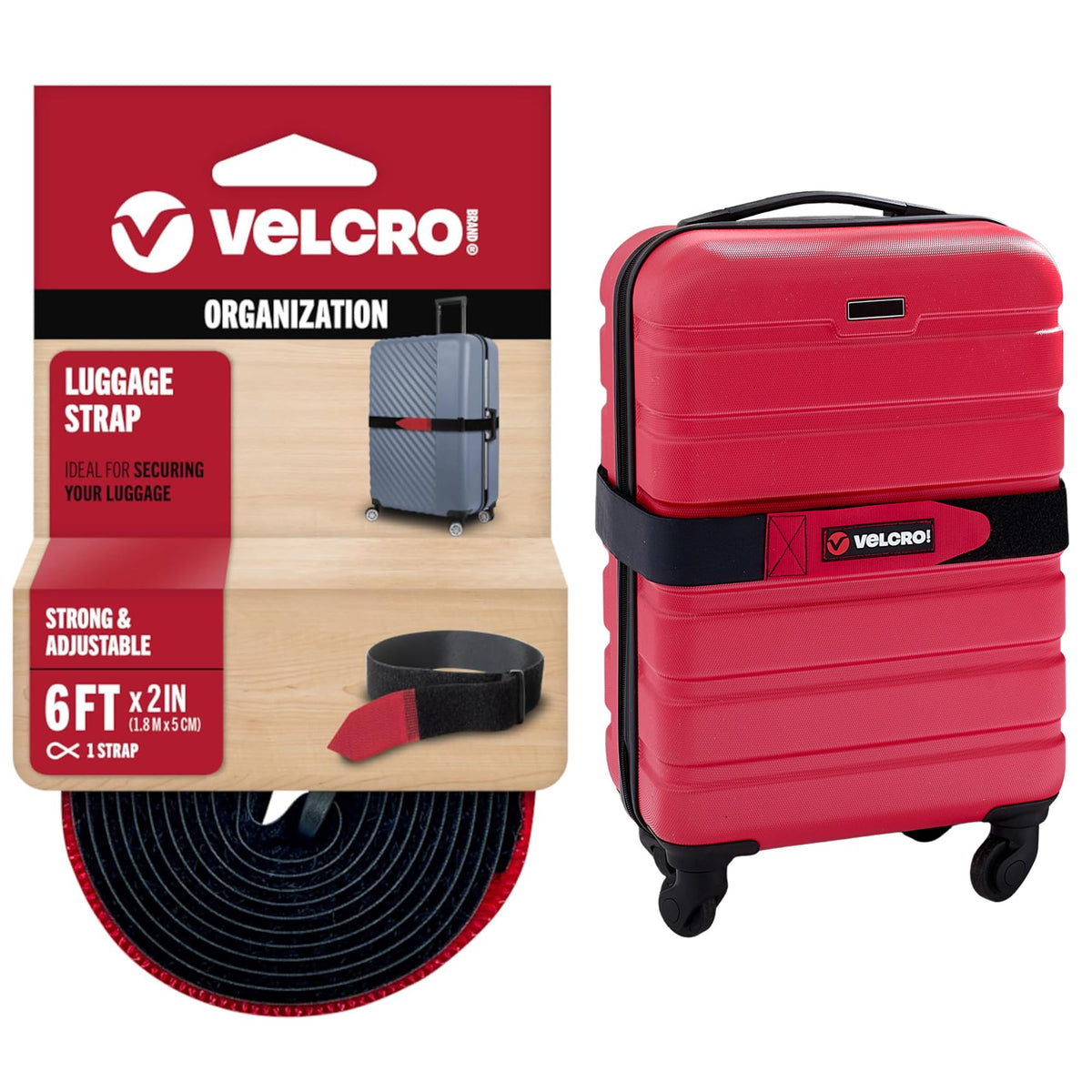 VELCRO Brand Adjustable Luggage Strap for Suitcases, Red, 6ft x 2in