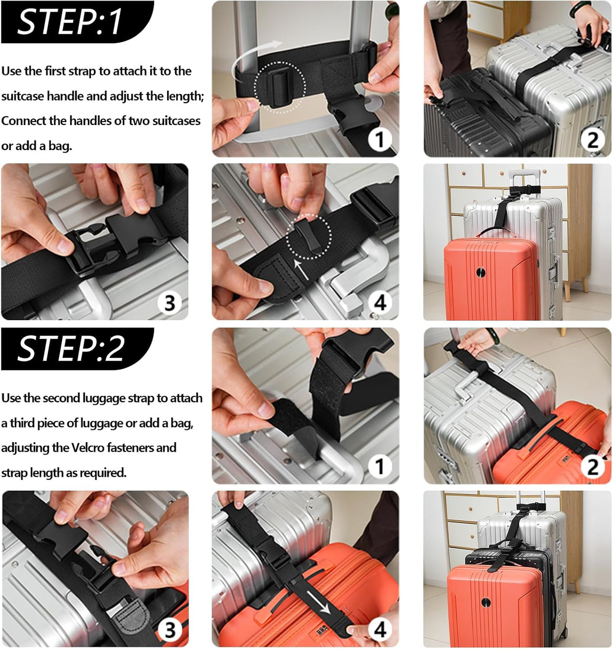 BILIONE 2 Pack Luggage Connector Straps,Connect 3 Suitcases ＆ Add A Bag
