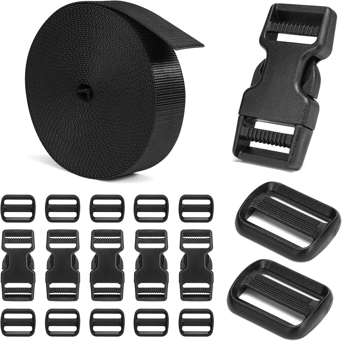 BEYOURD Buckles and Straps Set 1": 6 Yards of Thick Nylon Webbing, 6-Pack Heavy Duty Adjustable Quick Side Release Plastic Buckles, 12 Tri-Glide Slide Clips, Black (1-Inch Combo Set)
