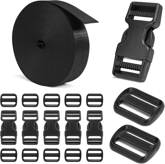 BEYOURD Buckles and Straps Set 1": 6 Yards of Thick Nylon Webbing, 6-Pack Heavy Duty Adjustable Quick Side Release Plastic Buckles, 12 Tri-Glide Slide Clips, Black (1-Inch Combo Set)