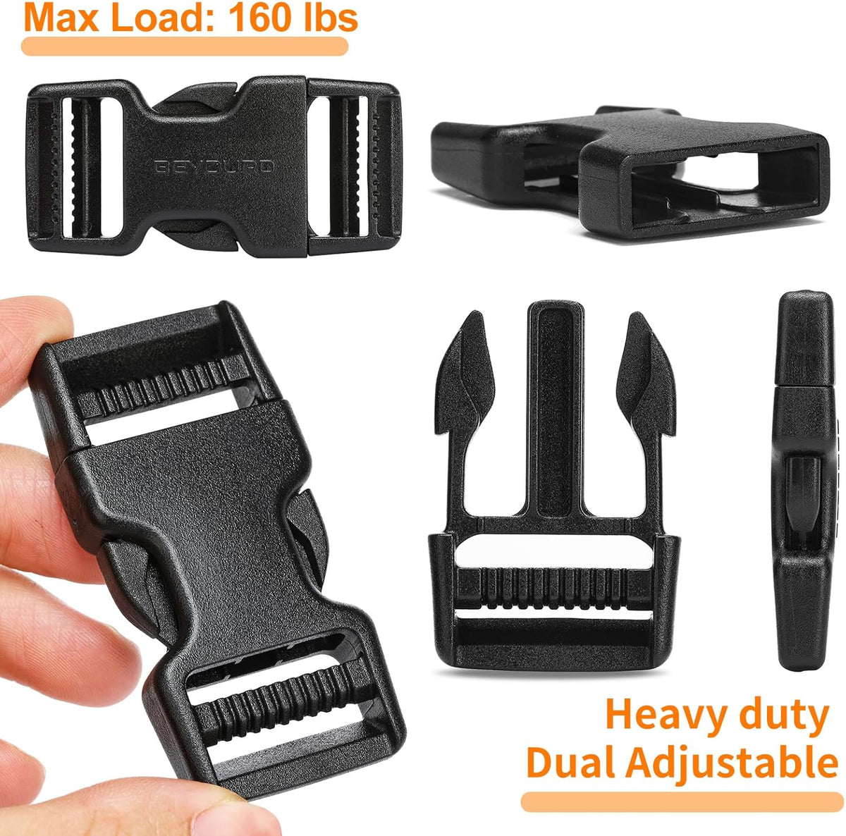 BEYOURD Buckles and Straps Set 1": 6 Yards of Thick Nylon Webbing, 6-Pack Heavy Duty Adjustable Quick Side Release Plastic Buckles, 12 Tri-Glide Slide Clips, Black (1-Inch Combo Set)