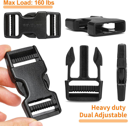 BEYOURD Buckles and Straps Set 1": 6 Yards of Thick Nylon Webbing, 6-Pack Heavy Duty Adjustable Quick Side Release Plastic Buckles, 12 Tri-Glide Slide Clips, Black (1-Inch Combo Set)