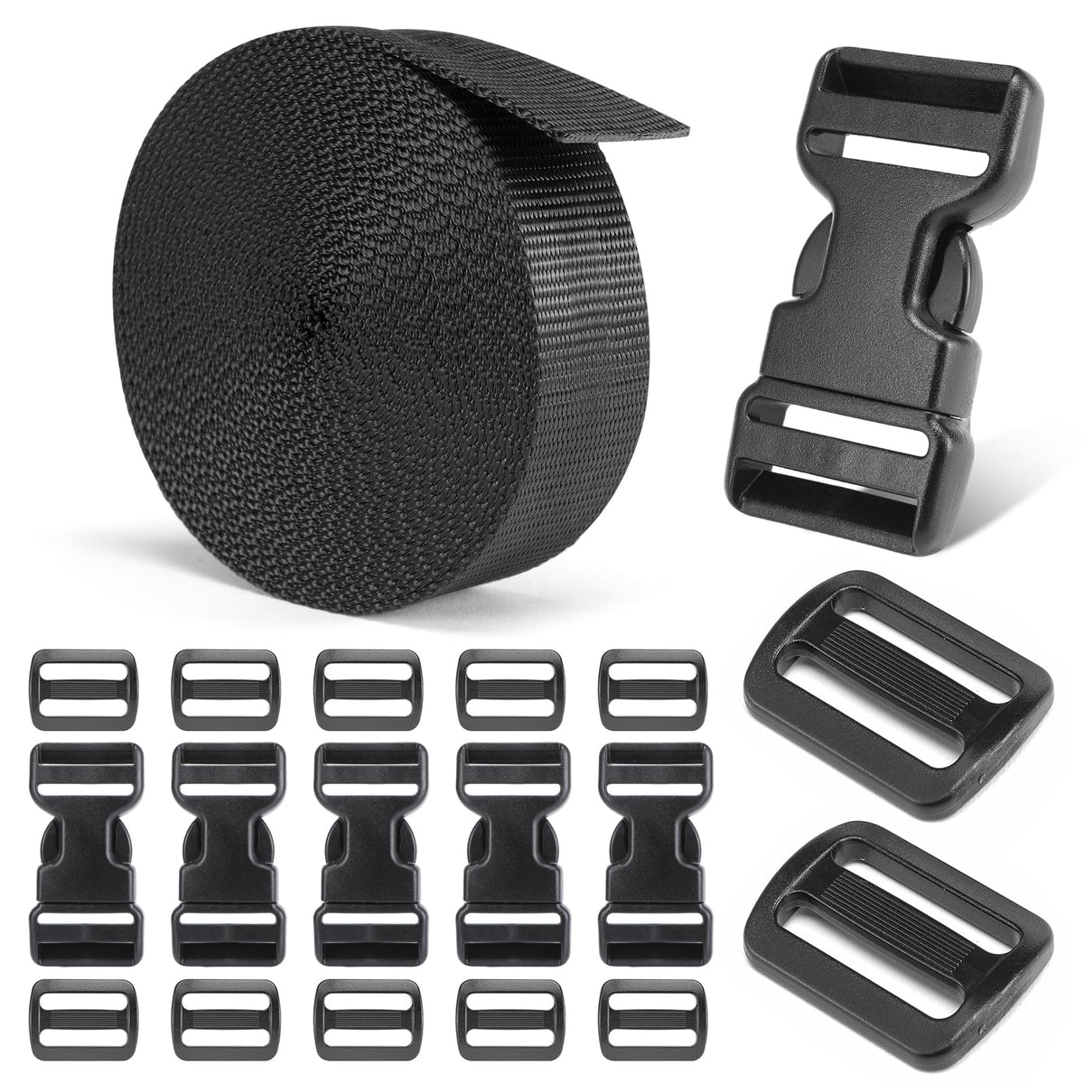 BEYOURD Buckles and Straps Set 1": 6 Yards of Thick Nylon Webbing, 6-Pack Heavy Duty Adjustable Quick Side Release Plastic Buckles, 12 Tri-Glide Slide Clips, Black (1-Inch Combo Set)