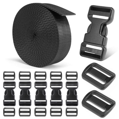 BEYOURD Buckles and Straps Set 1": 6 Yards of Thick Nylon Webbing, 6-Pack Heavy Duty Adjustable Quick Side Release Plastic Buckles, 12 Tri-Glide Slide Clips, Black (1-Inch Combo Set)