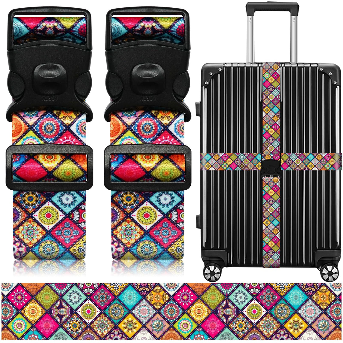 2 Pack Luggage Straps for Suitcases, Adjustable Travel Belt with Double Lock and Quick Release Buckle, Heavy Duty Nylon Bag Packing Strap, Bright Identifiers Business Travel Accessories-Colorful Block