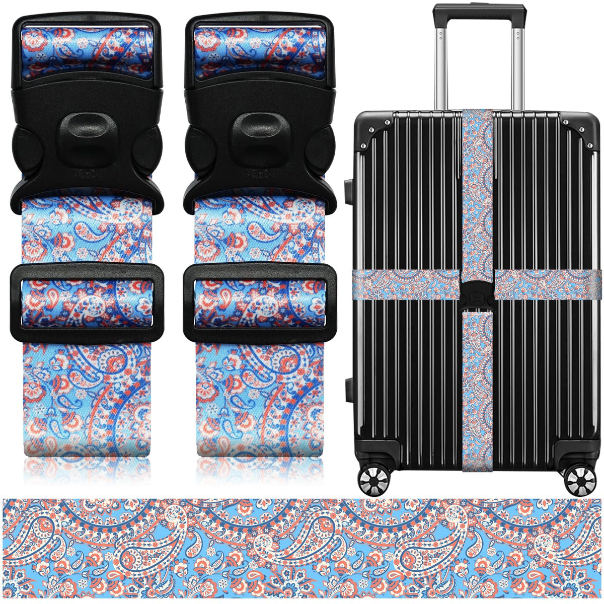 2 Pack Luggage Straps for Suitcases, Adjustable Travel Belt with Double Lock and Quick Release Buckle, Heavy Duty Nylon Bag Packing Strap, Bright Identifiers Business Travel Accessories-Colorful Block