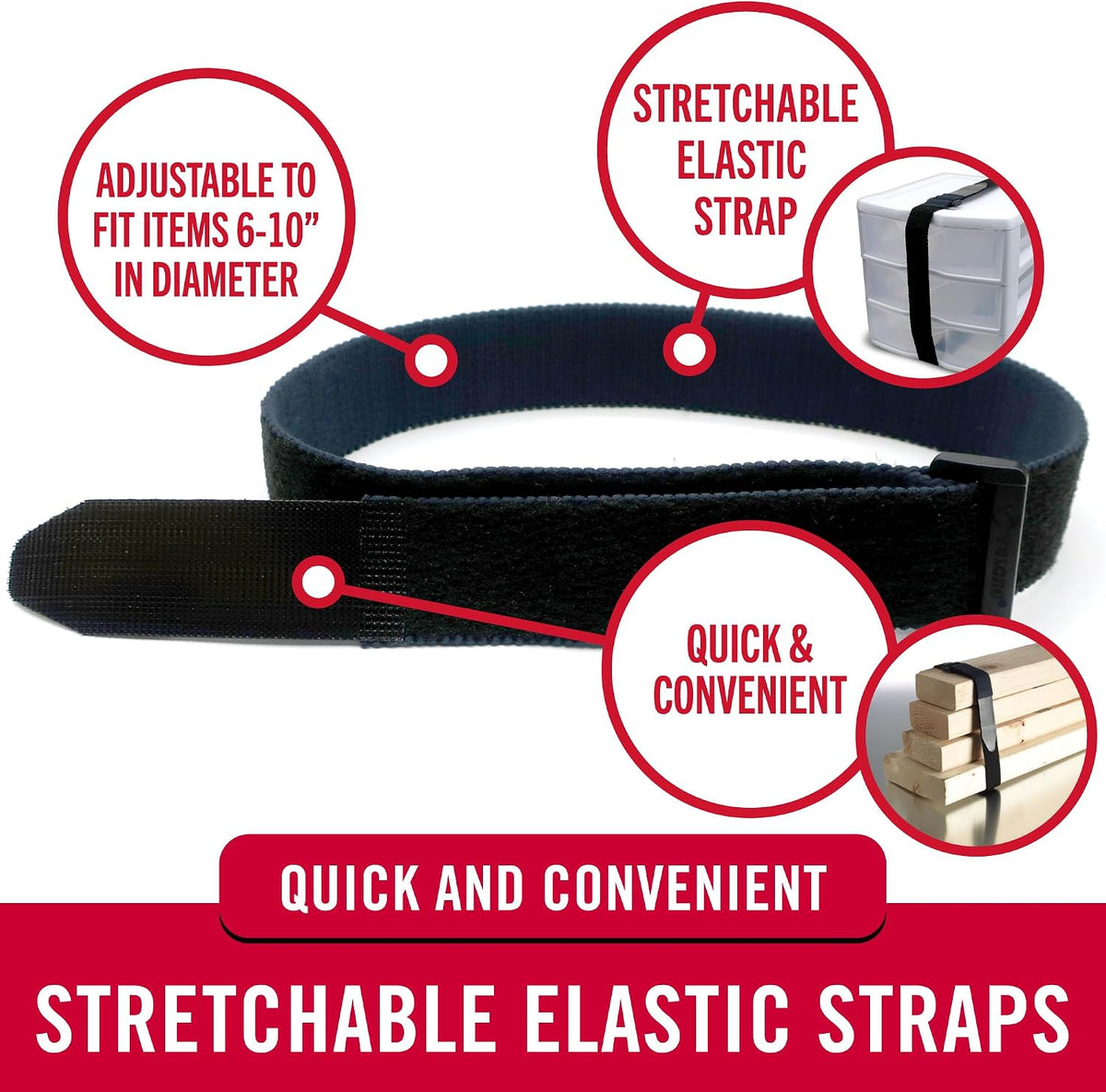 VELCRO Brand Elastic Cinch Straps with Buckle, 30in x 1in, Black, 4 Pack