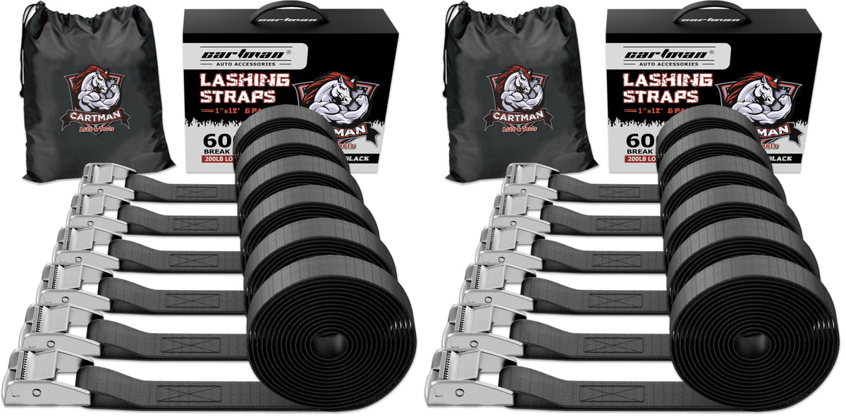 Cartman 1" x 12 ft Lashing Straps, 6 Pack, 600 lb Break Strength, Black