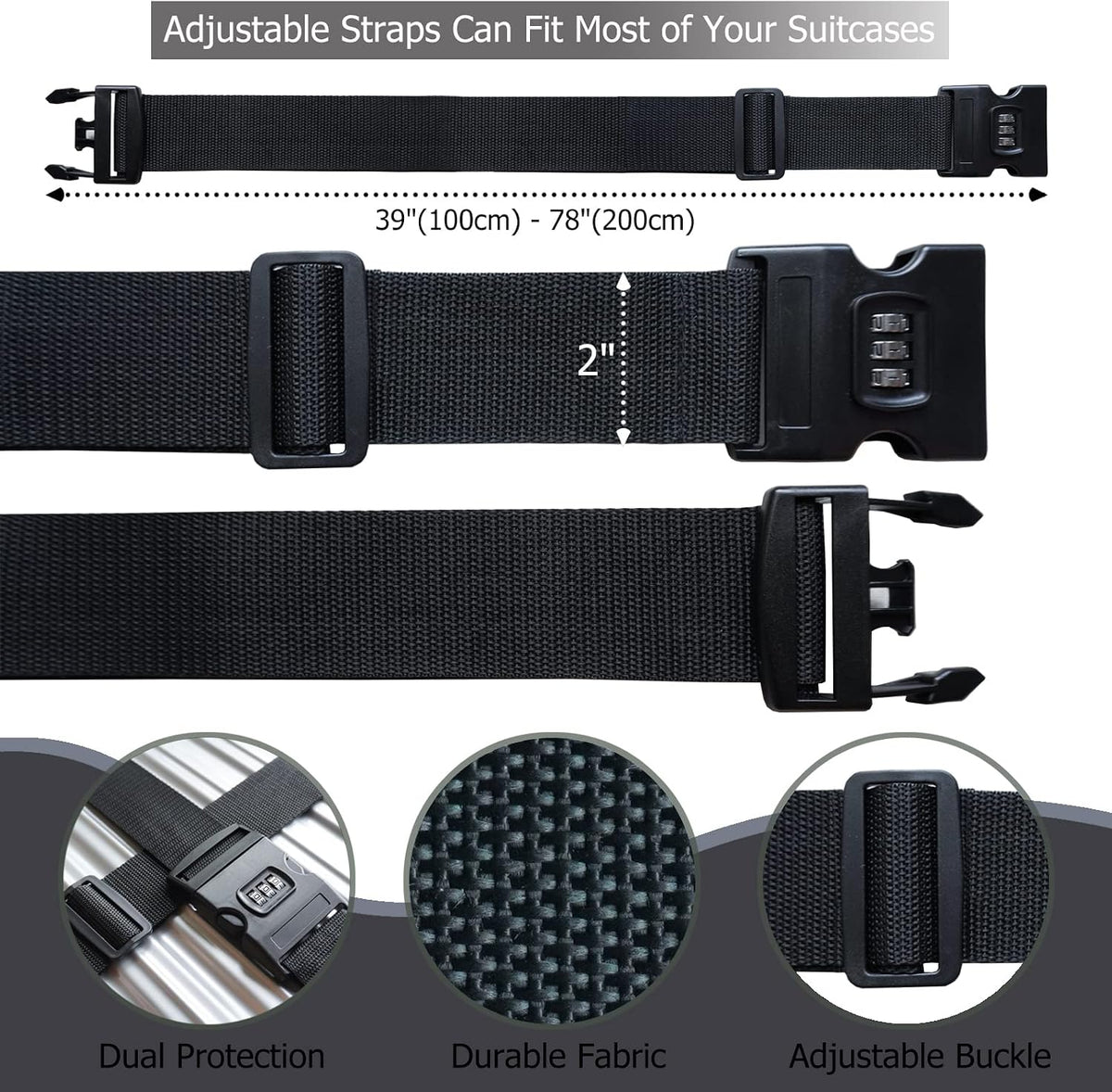 2 PCS Luggage Strap 78" x 2" Suitcase Belts Wide Adjustable Packing Straps Travel Accessories, Black&Combination Lock