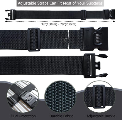2 PCS Luggage Strap 78" x 2" Suitcase Belts Wide Adjustable Packing Straps Travel Accessories, Black&Combination Lock