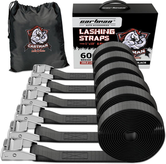 Cartman 1" x 12 ft Lashing Straps, 6 Pack, 600 lb Break Strength, Black