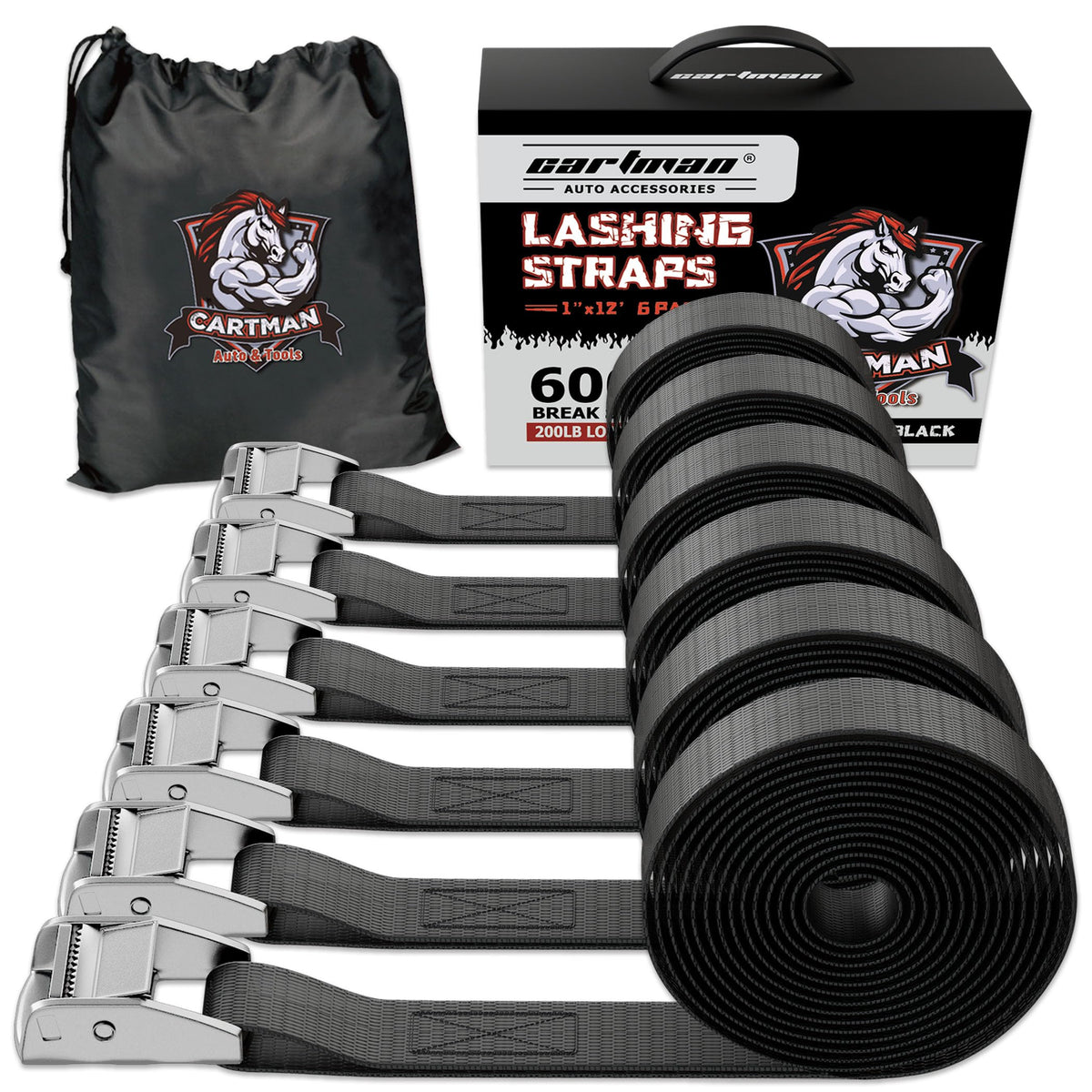 Cartman 1" x 12 ft Lashing Straps, 6 Pack, 600 lb Break Strength, Black