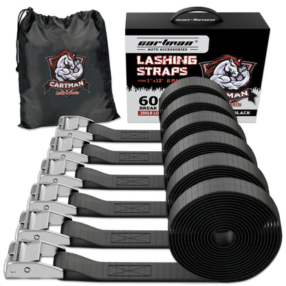 Cartman 1" x 12 ft Lashing Straps, 6 Pack, 600 lb Break Strength, Black